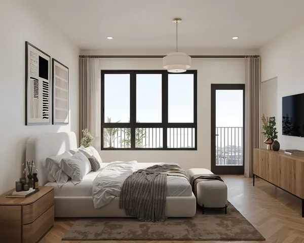 a bedroom with a bed couches and a flat tv screen