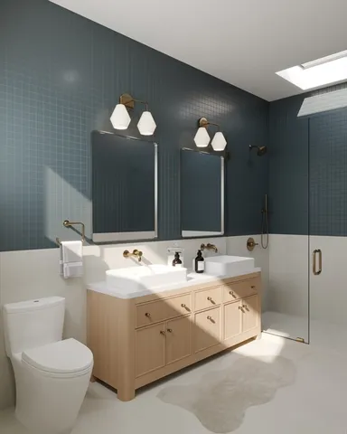 a bathroom with a double vanity sink and a mirror