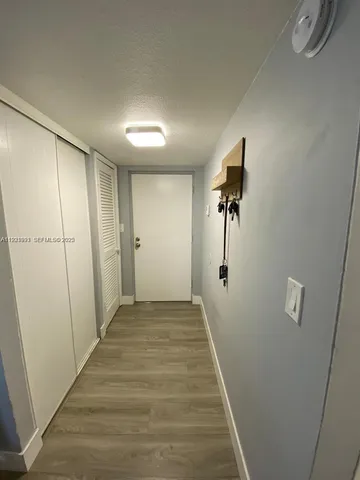 a view of a hallway with wooden floor and cabinet