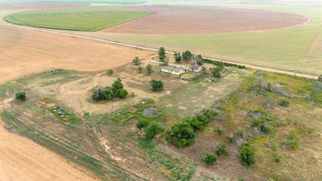 a view of a yard with a house in the background