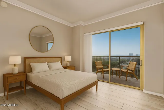 a bedroom with a bed and a mirror