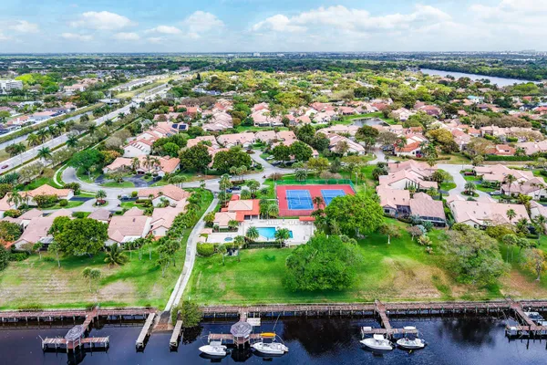 a view of a lake with a yard