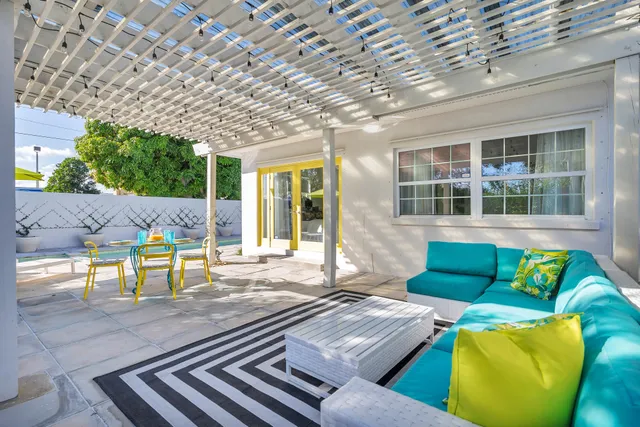 a building outdoor space with patio furniture