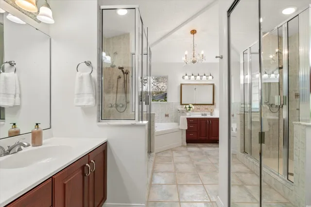 a bathroom with a double vanity sink mirror and shower