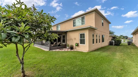 an aerial view of a house with a swimming pool
