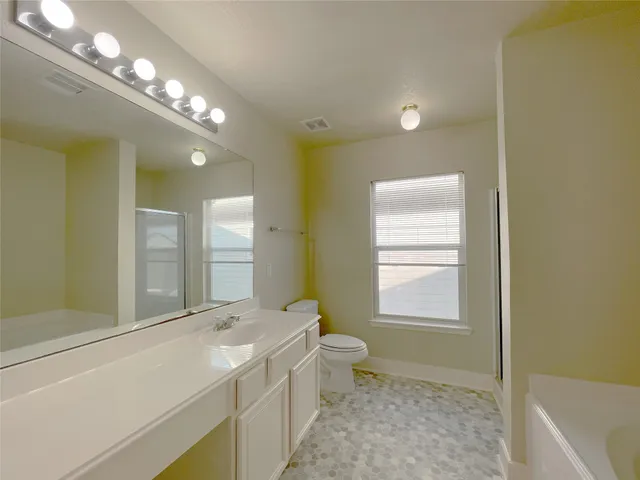 a bathroom with a sink a toilet a mirror and a bathtub