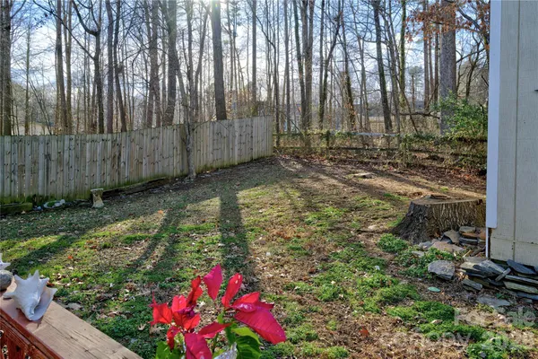 a view of backyard with fountain and potted plants