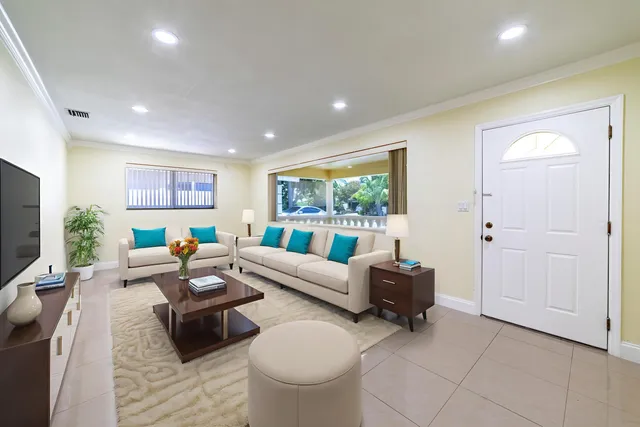 a view of a dining room with furniture