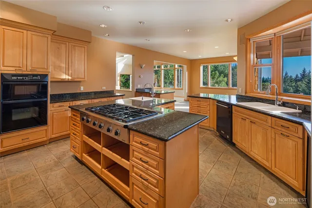 a kitchen with stainless steel appliances granite countertop a stove a sink and a microwave