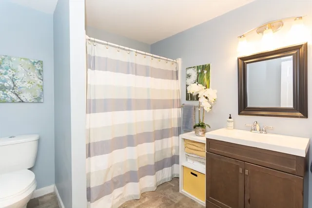 a bathroom with a sink a toilet and shower curtain