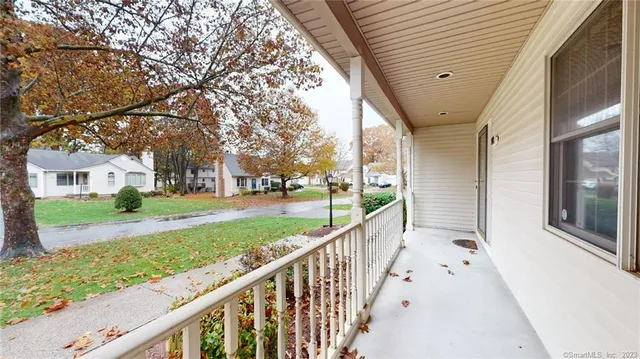 a view of a street with a large tree