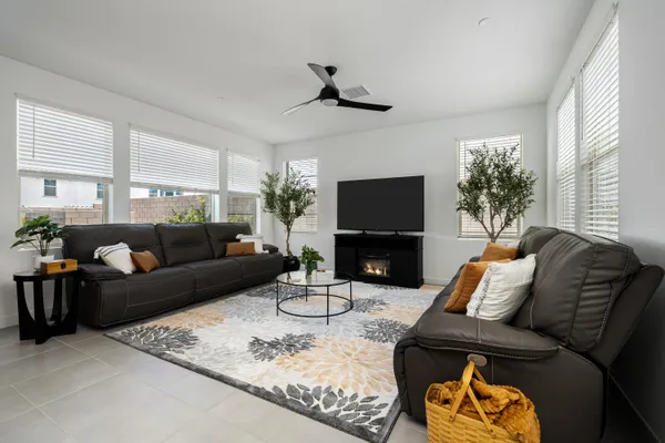 a living room with furniture a flat screen tv and a potted plant