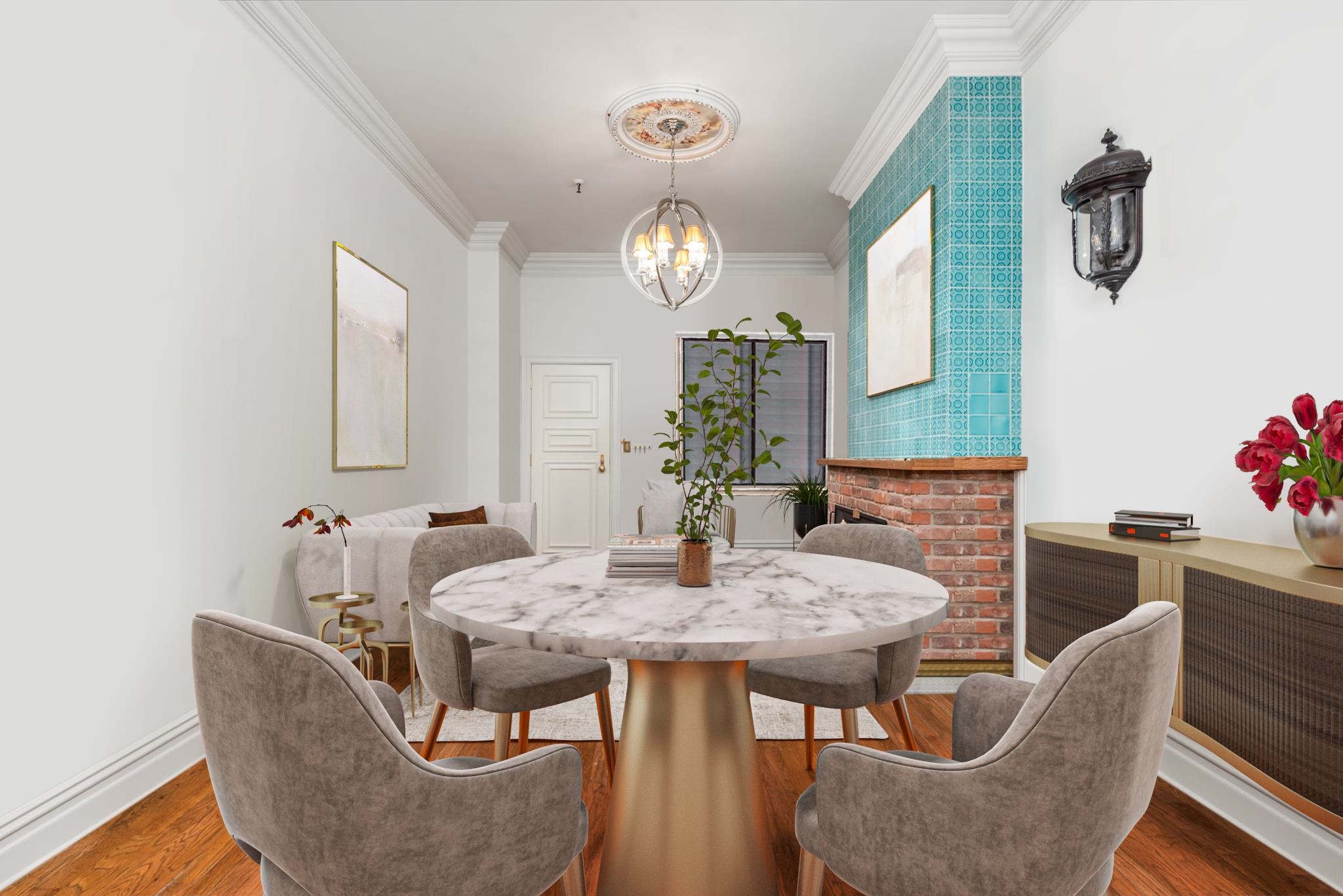 41-43 1st Street, Unit 1G Hoboken, NJ 07030 - Photo 8 of 26 a view of a dining room with furniture and chandelier