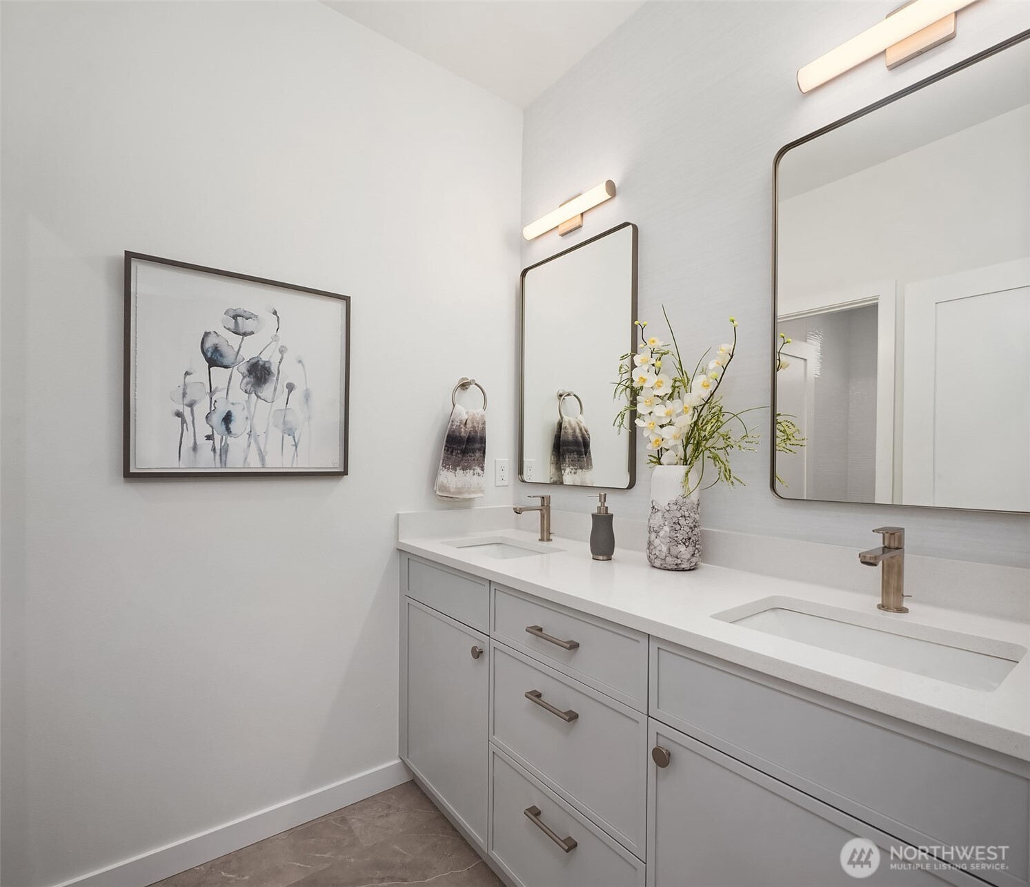 6214 40th Avenue Northeast Seattle, WA 98115 - Photo 27 of 40 a bathroom with a double vanity sink and a mirror