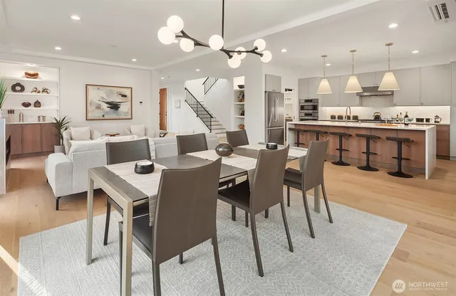 a view of a dining room with furniture