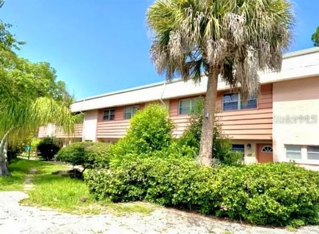 a view of a house with a small yard and palm trees