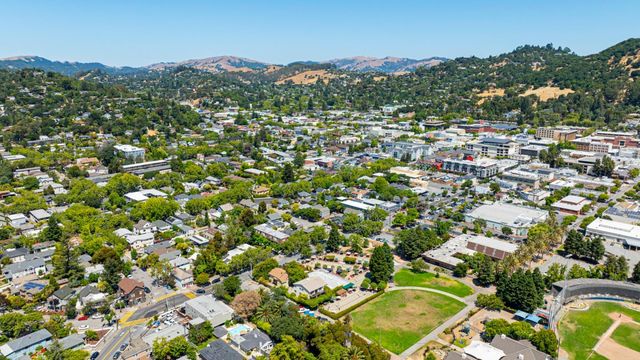 an aerial view of residential houses with outdoor space and trees