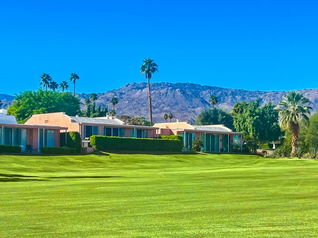 a view of a lush green field with mountains in the background
