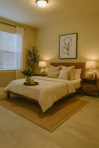 a bedroom with a bed and painting on the wall