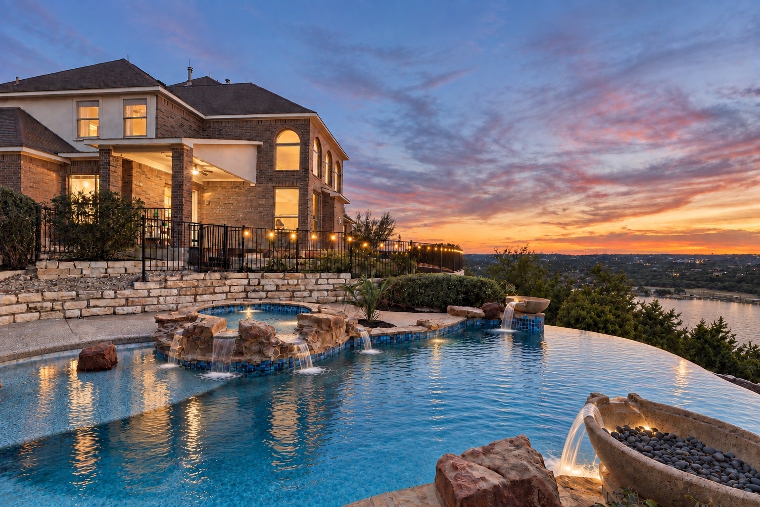 Those Hill Country sunsets will never stop taking your breath away. An infinity pool and spa overlook sweeping hill country vistas under a twilight sky.