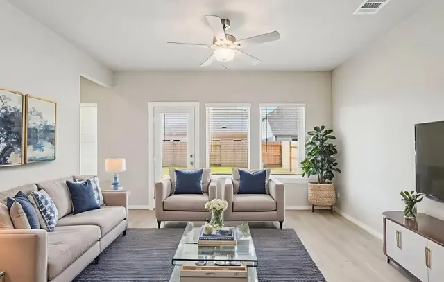 a living room with furniture and a potted plant