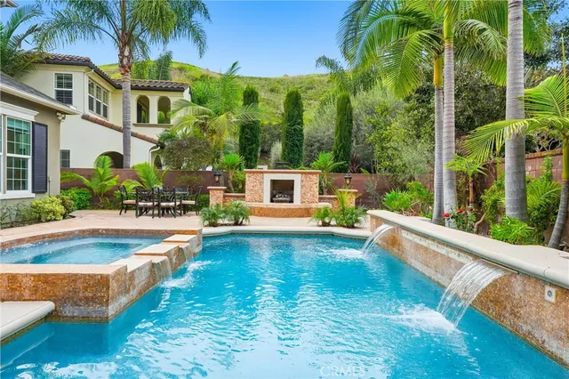 a view of a house with pool and a yard