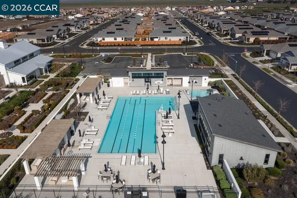 an aerial view of a pool