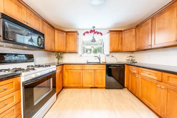 a kitchen with stainless steel appliances granite countertop a stove a sink and a microwave