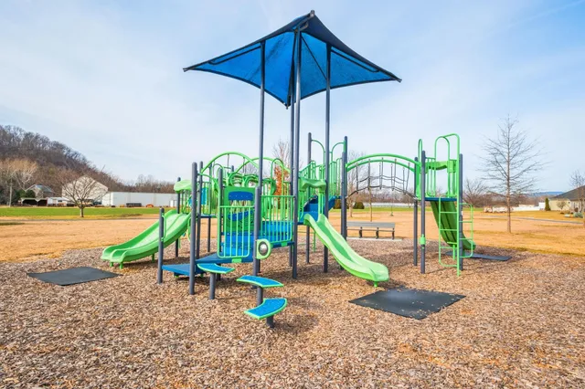 a view of a park with a slide