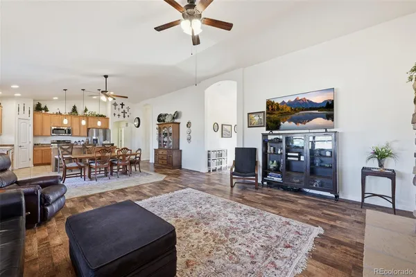 a view of a dining room with furniture