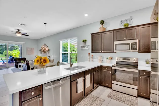 a kitchen with stainless steel appliances a sink stove and microwave