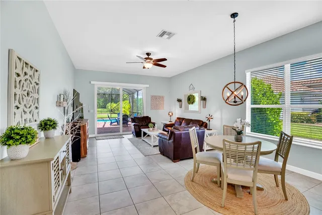 a view of a dining room and furniture window and outside view