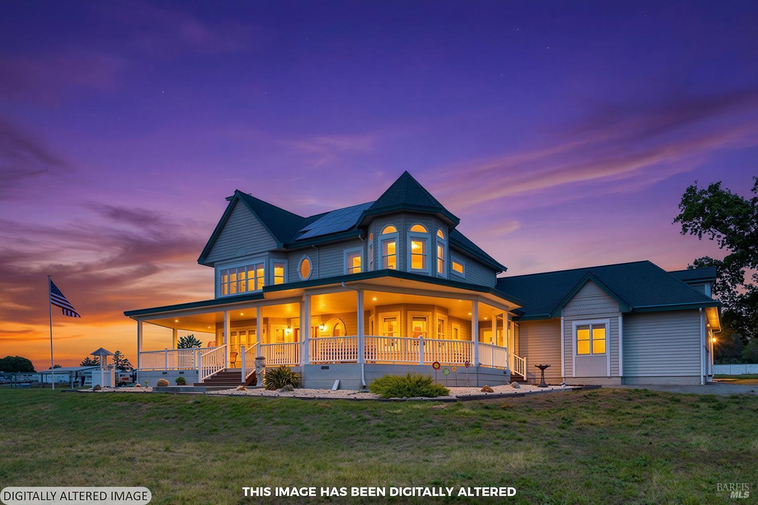 2346 Olivet Lane Santa Rosa, CA 95401 - Photo 1 of 51 Altered photo to highlight the stunning architecture with classic, full wrap-around porch. The full sunset is to the left off the edge of the photo. Watch the sunset over the neighboring vineyard from the front porch and all front windows.
