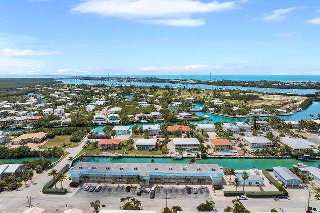 an aerial view of a city with lots of residential buildings and ocean view in back