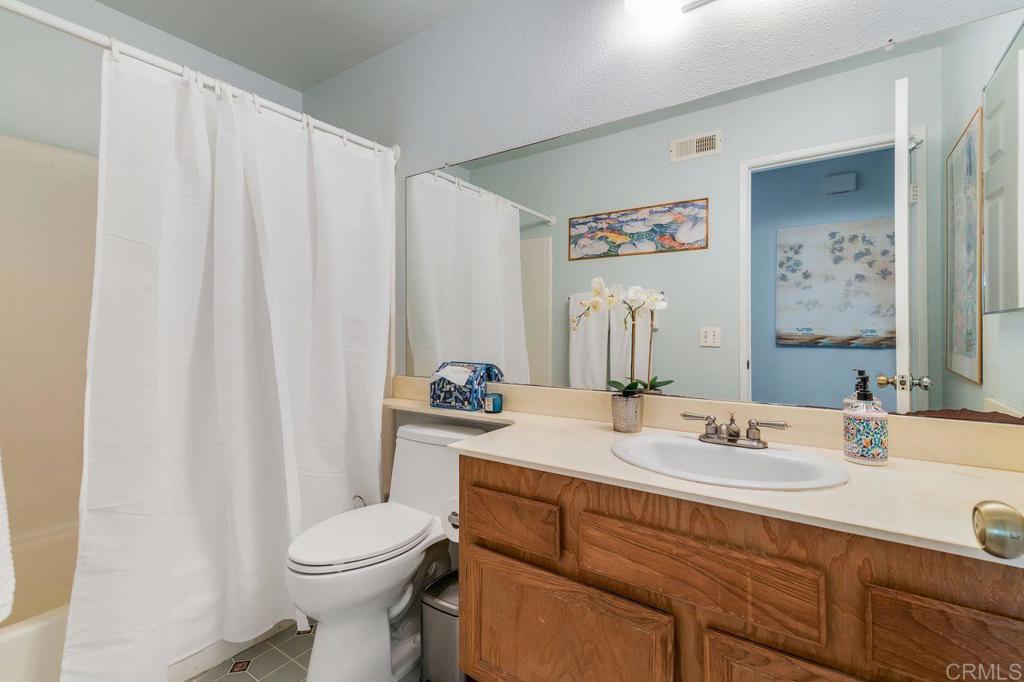 1064 Glen Arbor Drive Encinitas, CA 92024 - Photo 27 of 39 a bathroom with a sink a toilet and shower curtain