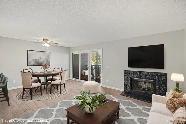a living room with furniture a flat screen tv and a fireplace