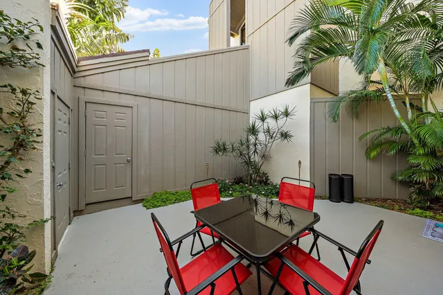 an outdoor space with furniture