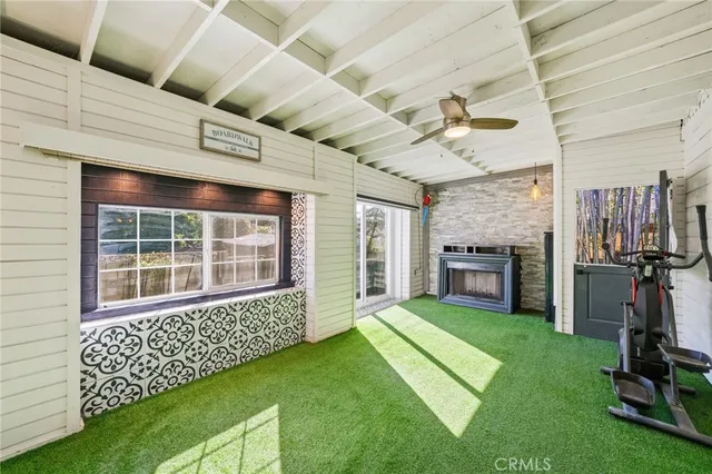 a view of a porch with a backyard