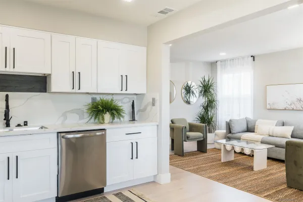 a living room with furniture a potted plant and kitchen view