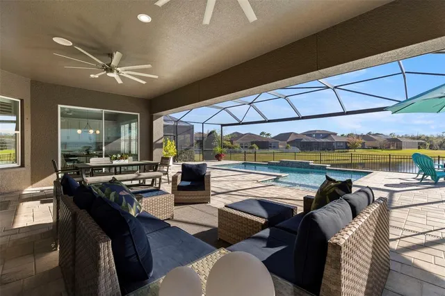 an aerial view of a houses with a swimming pool