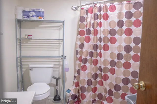 a bathroom with a toilet and a shower curtain