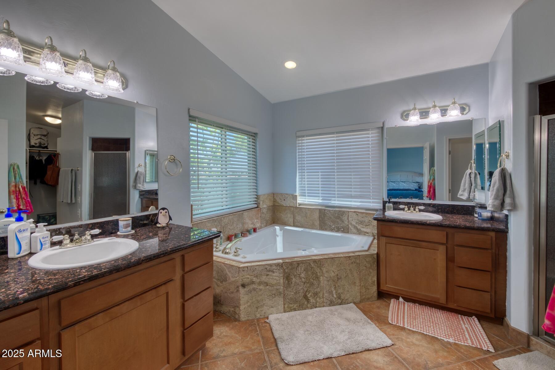 3298 West Monte Vista Trail Benson, AZ 85602 - Photo 20 of 44 a bathroom with a granite countertop sink a large mirror and a bathtub