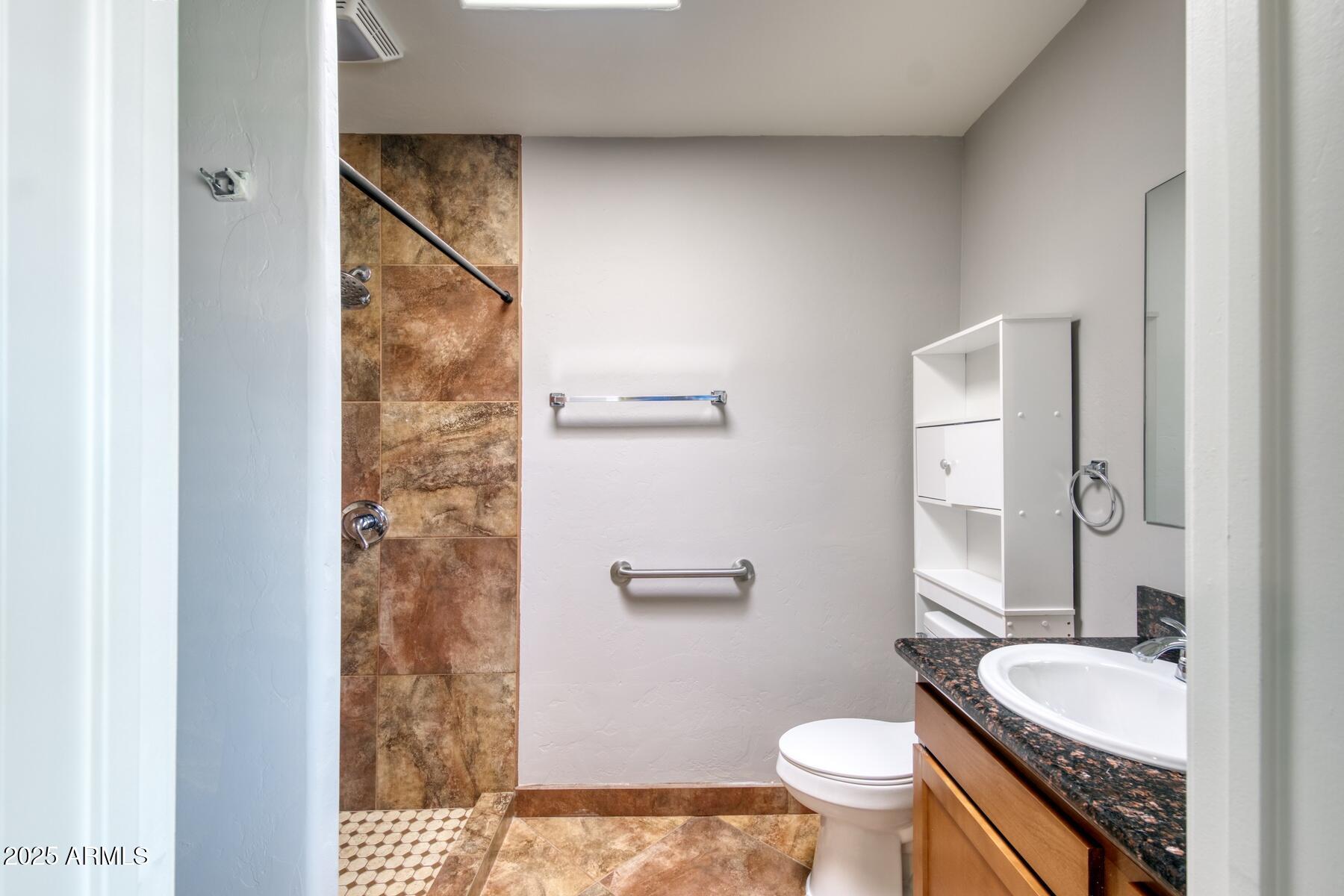 3298 West Monte Vista Trail Benson, AZ 85602 - Photo 29 of 44 a bathroom with a granite countertop sink a toilet a mirror and shower