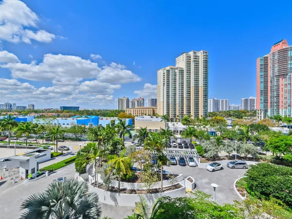 a city view with tall buildings