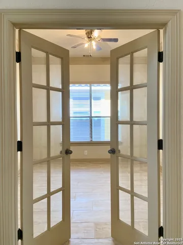 a view of a glass door with a door