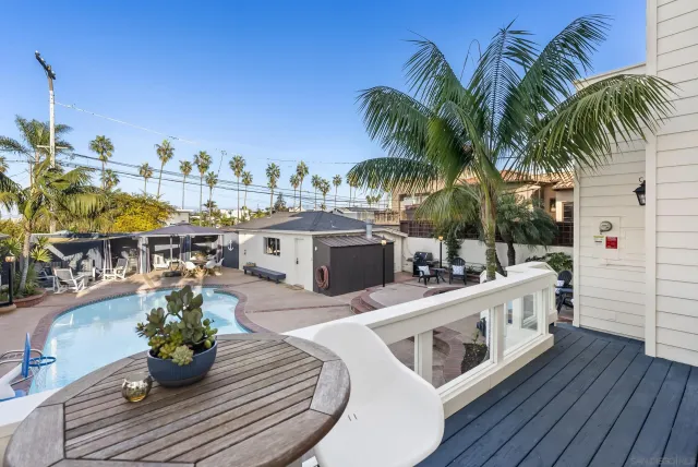a view of a swimming pool with furniture