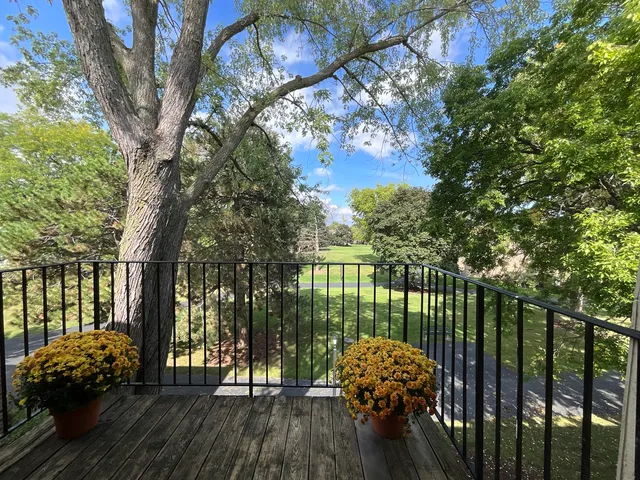 a deck with hardwood and trees