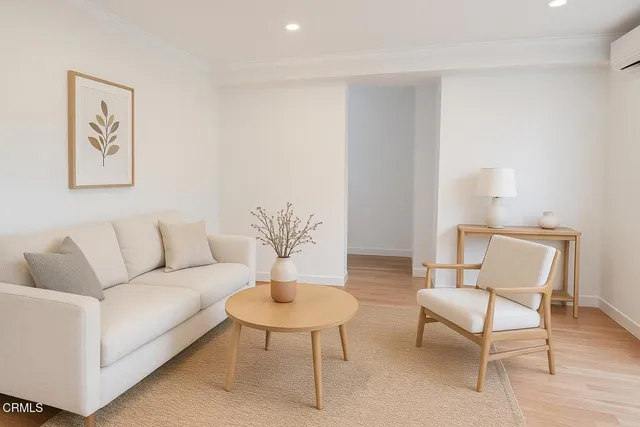 a living room with furniture and a potted plant on table