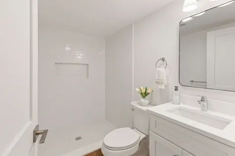 a bathroom with a sink toilet and a mirror