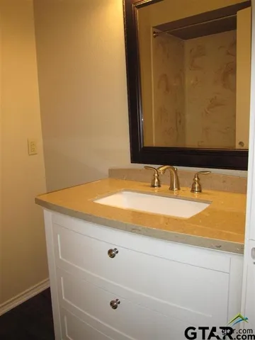 a bathroom with a granite countertop sink and a mirror